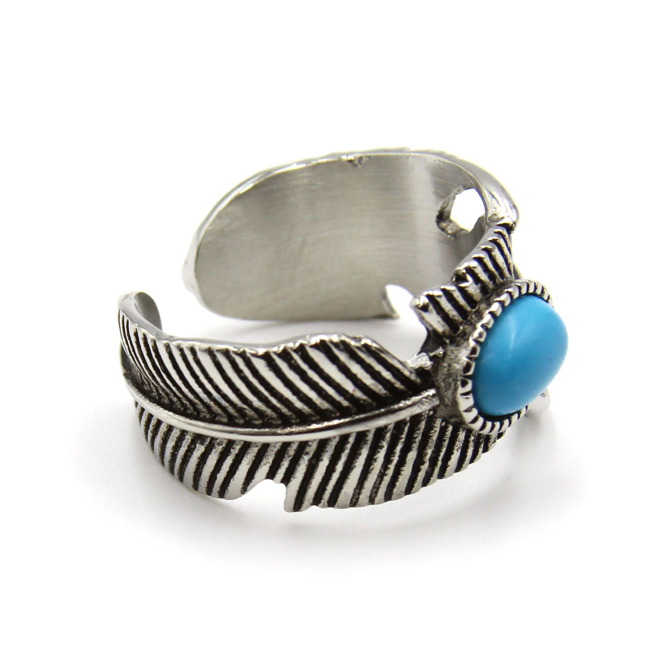 Anillo Acero Plateado Pluma Ave Piedra Turquesa