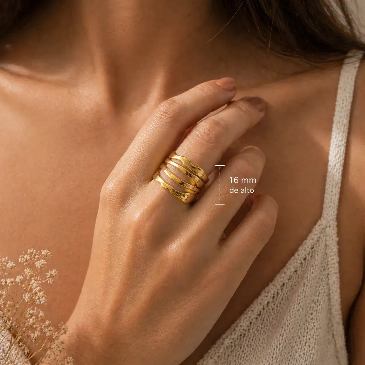 Anillo Acero Inox Dorado Martillado Lineas Horizontales