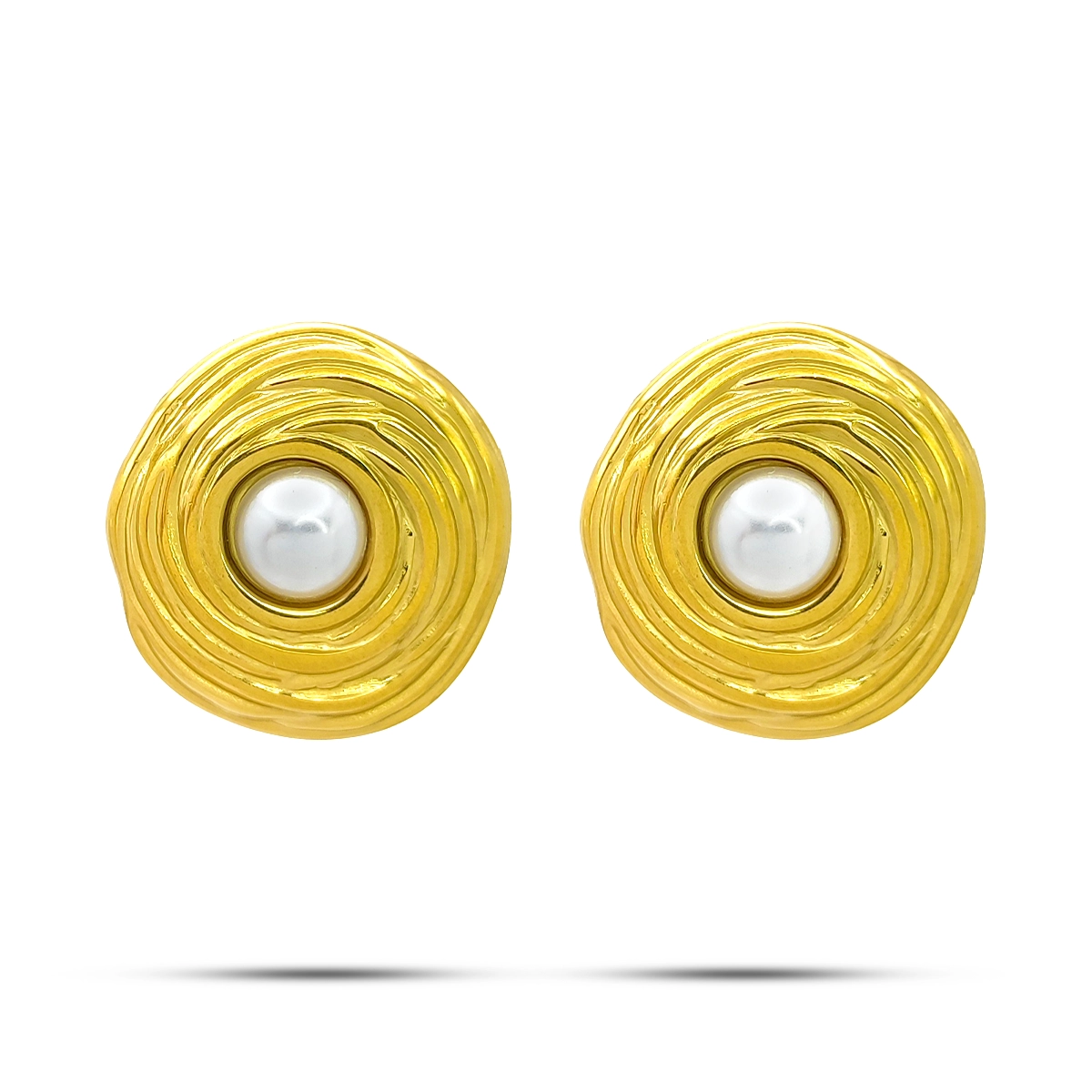 Aretes Acero Dorado Redondos Perla Enmarcada Surcos