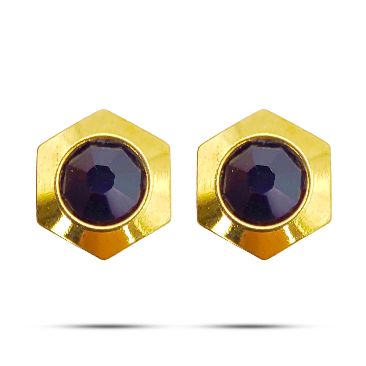 Aretes Acero Dorado Broquel Hexagonal Cristal Negro