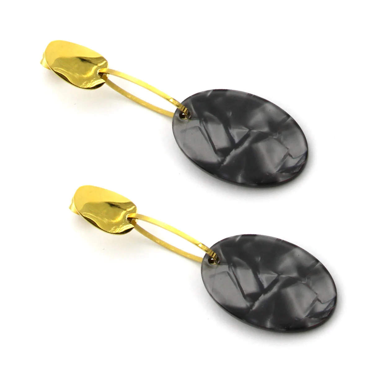 Aretes Acero Dorado Ovalado Colgante Marmoleado Negro