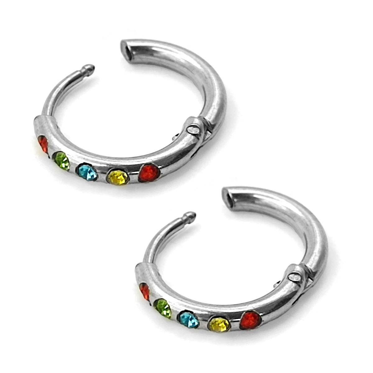 Aretes Acero Plateado Huggie Delgado Cristales Multicolor