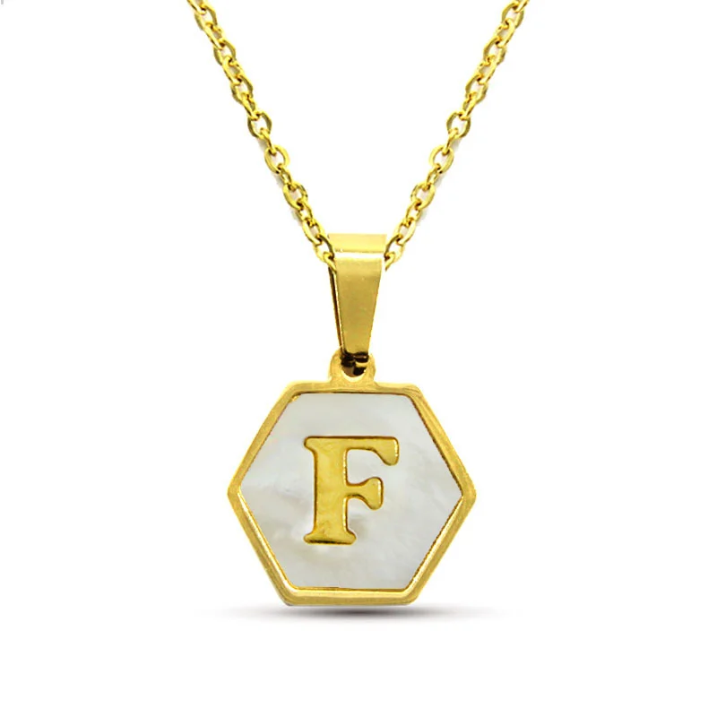 Collar Acero Inox Dorado Hexagonal Letra F Madre Perla