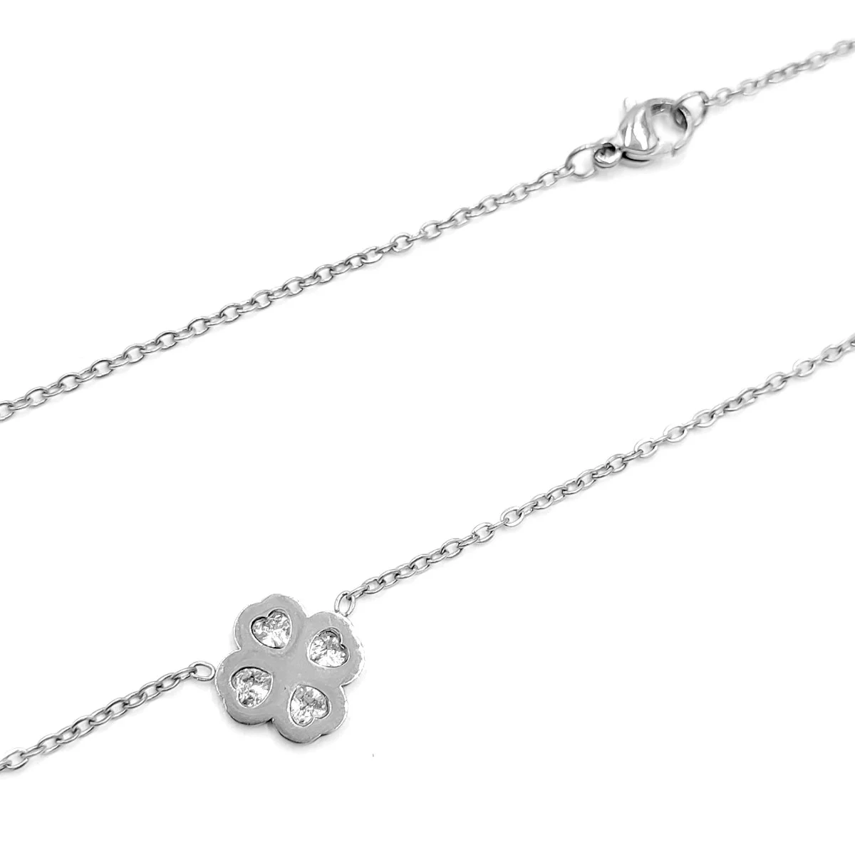 Collar Acero Plateado Trebol 4 Hojas Corazon Zirconia