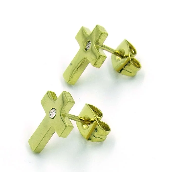 Aretes tipo Broquel Dorados Cruz Recta con Cristal