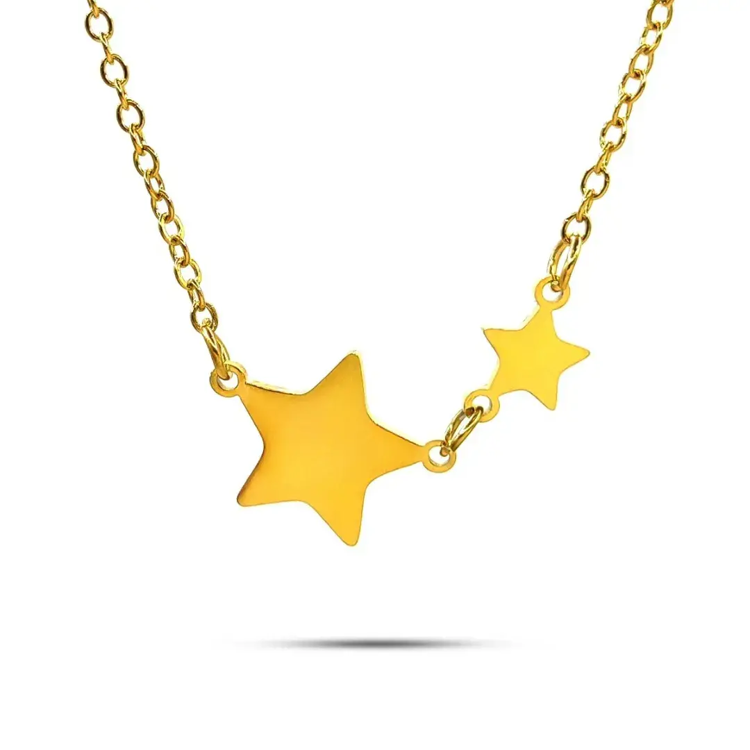 Collar Acero Dorado Inox Dos Estrellas Lisas Sencillo