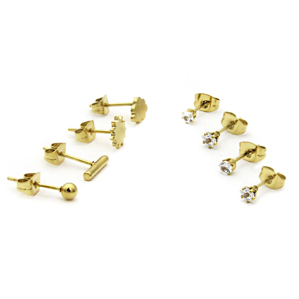 Set Aretes Tipo Broquel Acero Inoxidable Dorado Zirconia