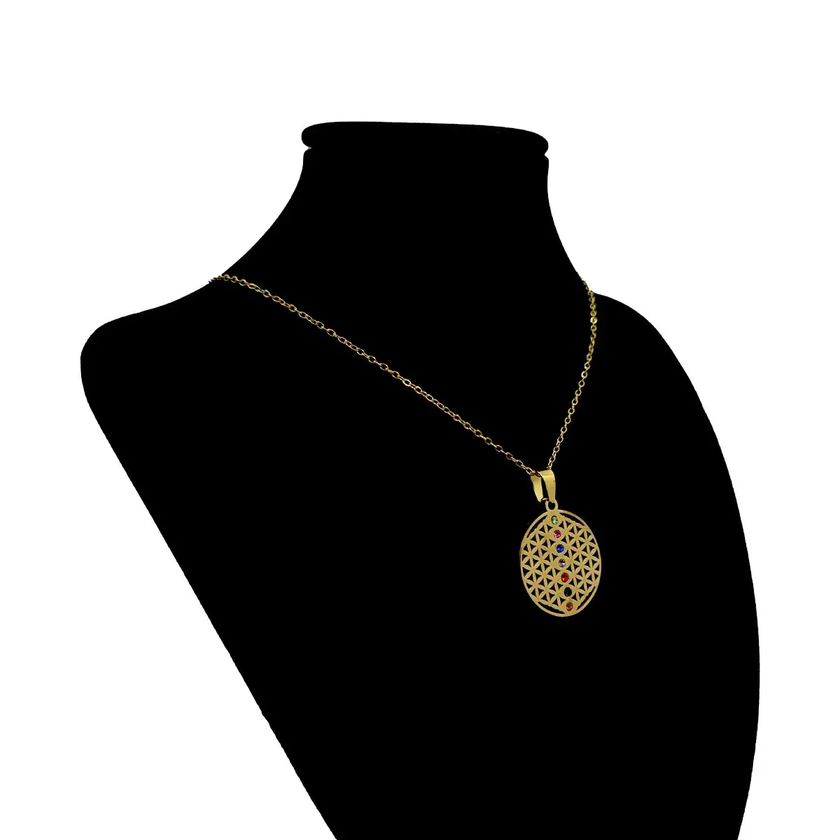 Collar Acero Dorado Flor de la Vida Cristales 7 Chakras