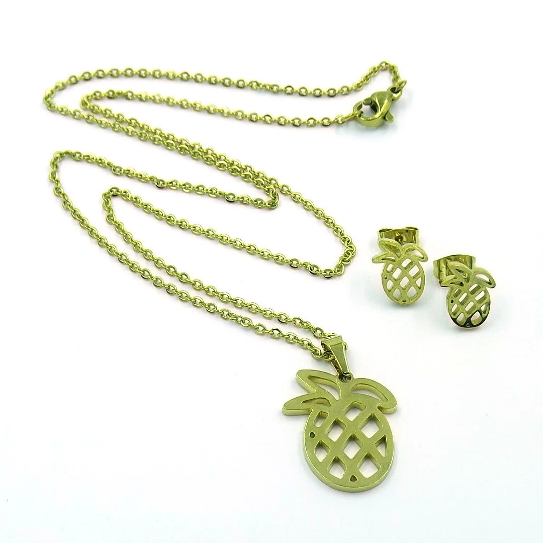 Set Joyería Acero Dorado Collar Aretes Piñas Triopicales