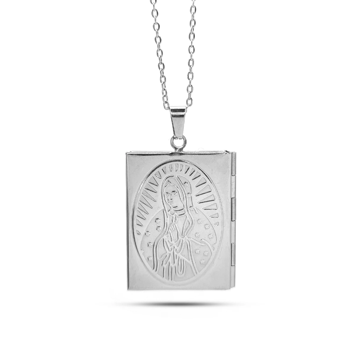 Collar Acero Plateado Relicario Virgen de Guadalupe Libro