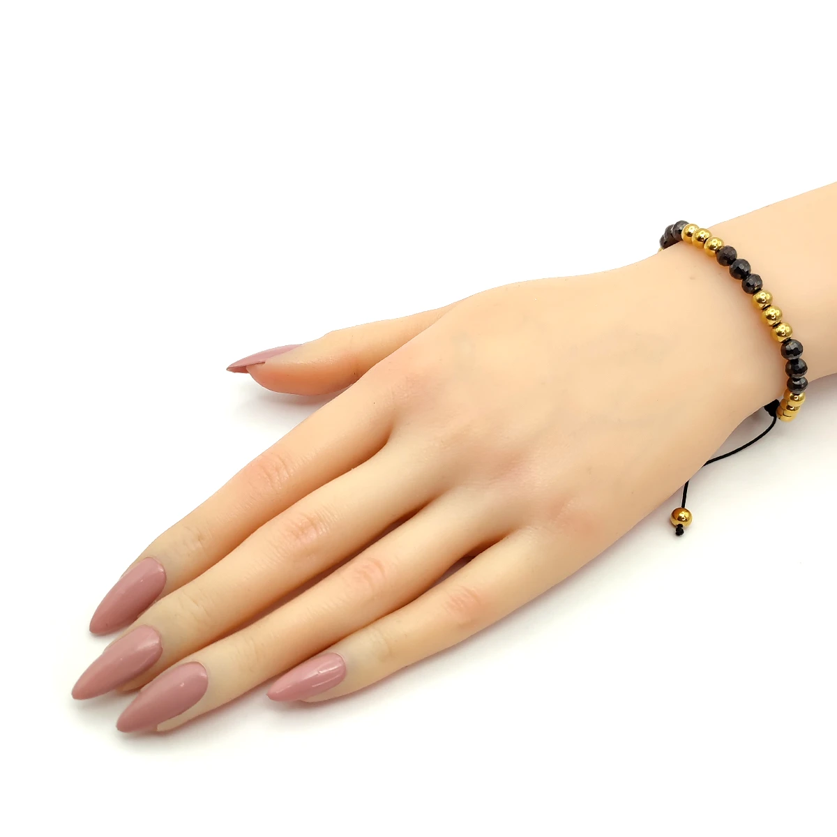 Pulsera Acero Dorado Balines Cuentas Negras Recorrible