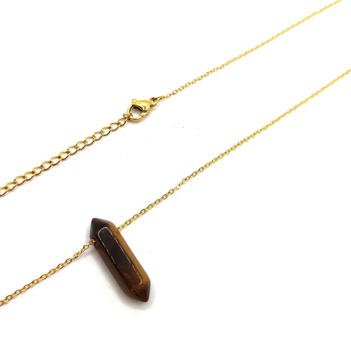 Collar Acero Inox Dorado Péndulo Doble Punta Ojo de Tigre
