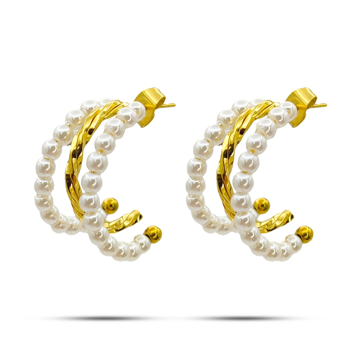 Aretes Acero Dorado Triple Arracadas Torcidas Perlas