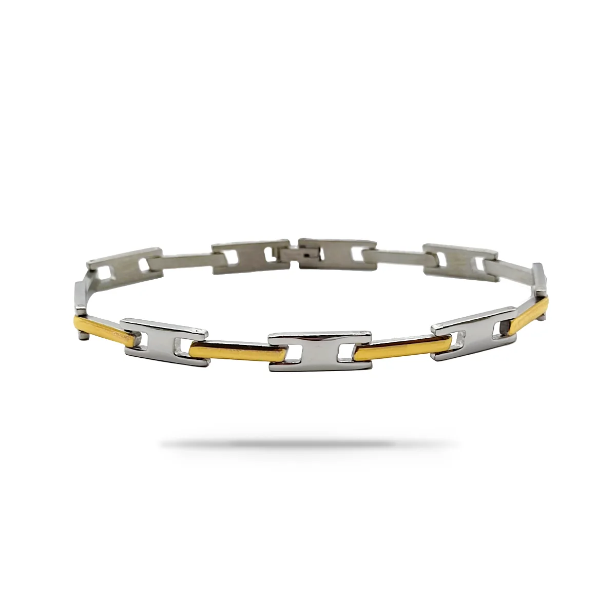 Pulsera Acero Inox Bicolor Barra Larga y Eslabon Hombre