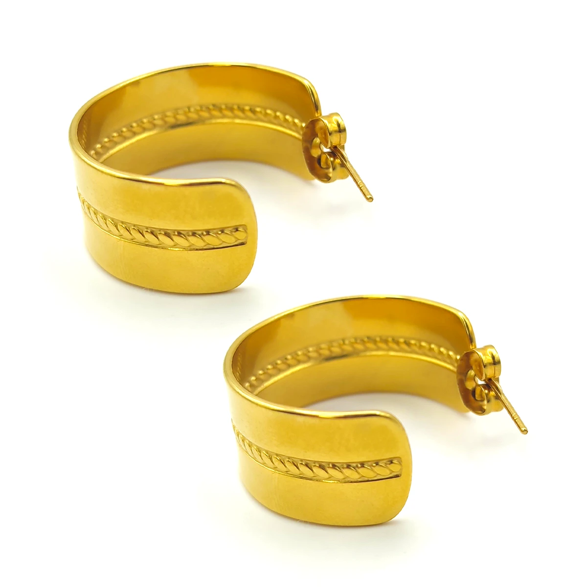 Aretes Acero Inox Dorado Arracadas Anchas Canal Trenzado