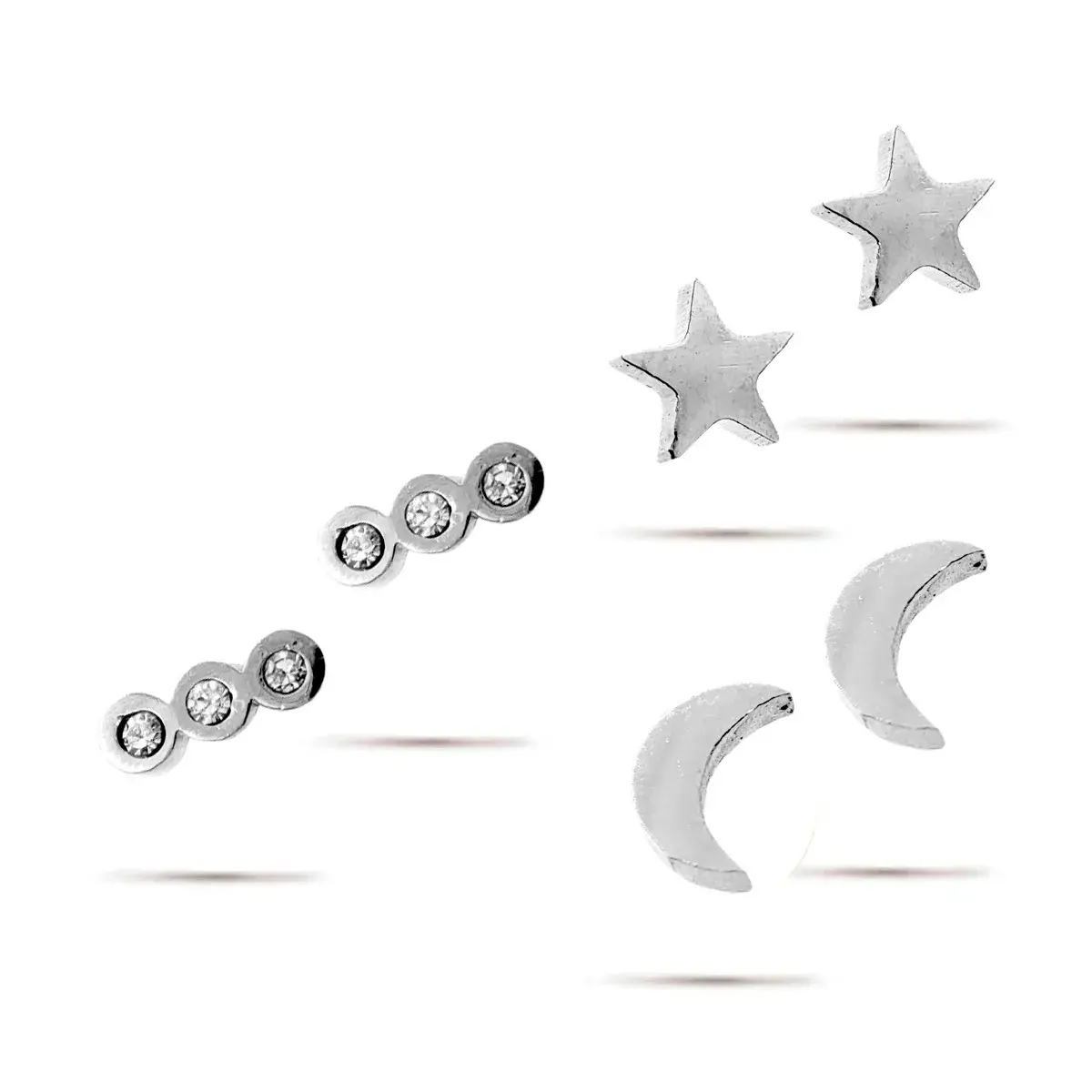 Set Aretes Acero Plateado Broquel Dormilon Luna Estrellas