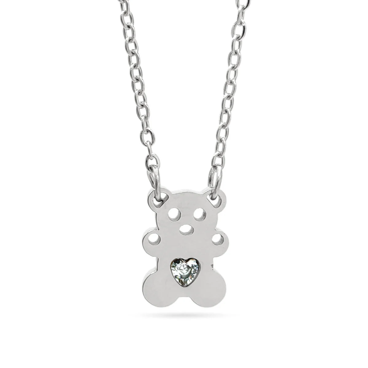 Collar Acero Plateado Osito Tierno Zirconia Corazón Amor