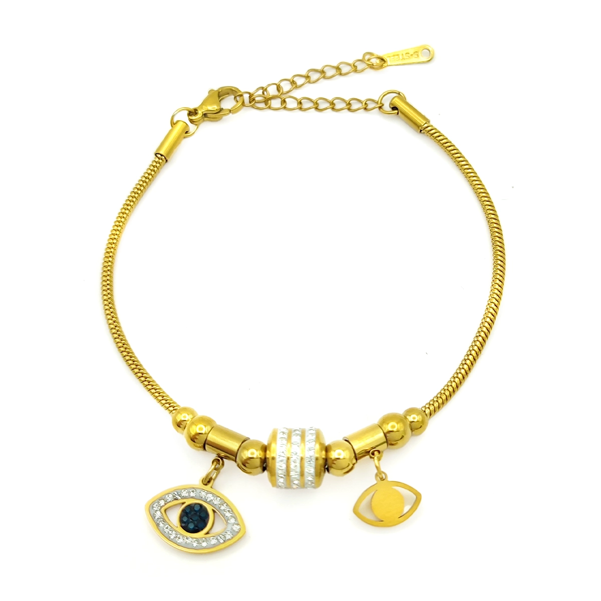 Pulsera Acero Dorado Cola de Rata Ojo Cristales