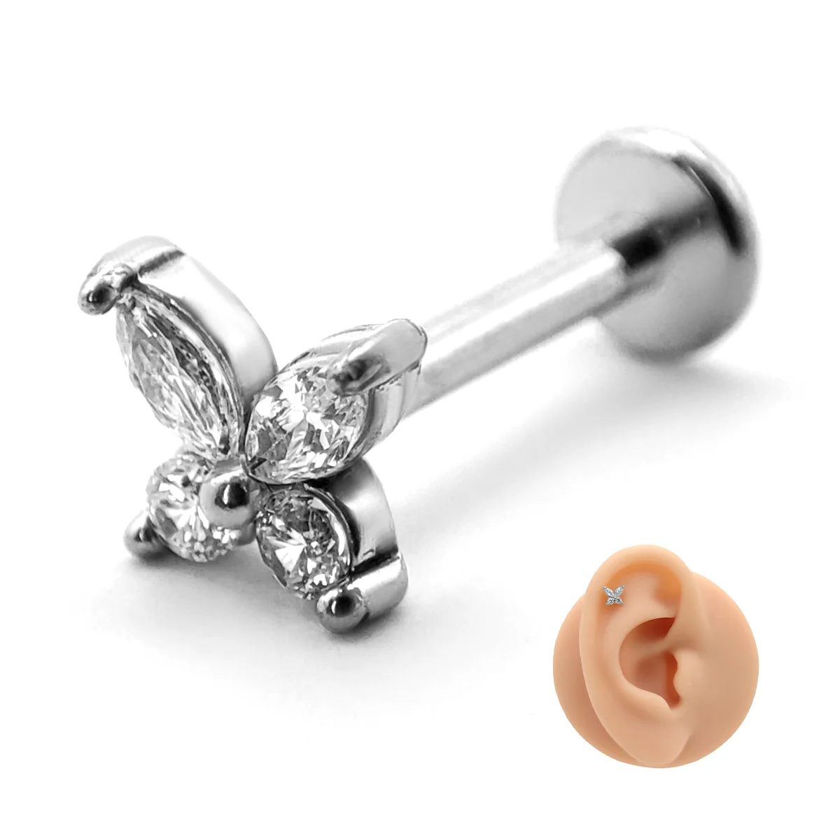 Piercing de Oreja Acero Mini Mariposa Zirconia Clara