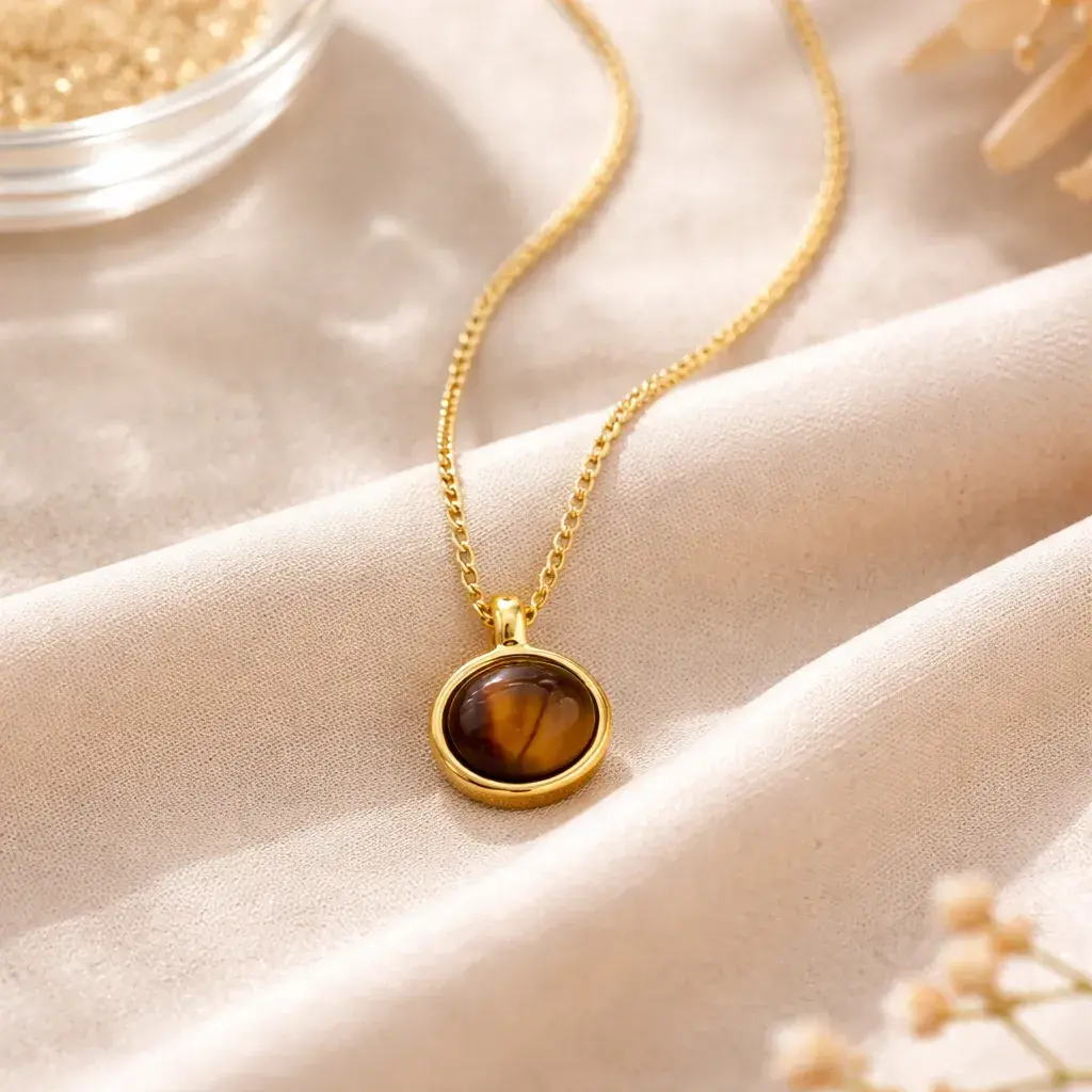 Collar Acero Dorado Ojo de Tigre Natural Piedra Oval