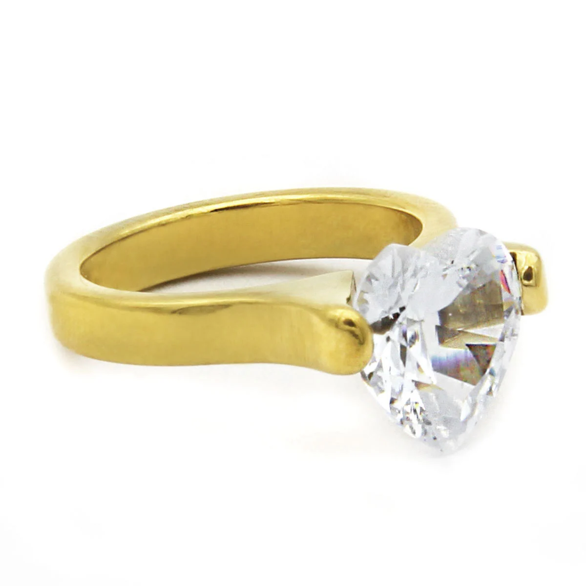 Anillo Acero Dorado Cocktail Corazon Grande Zirconia