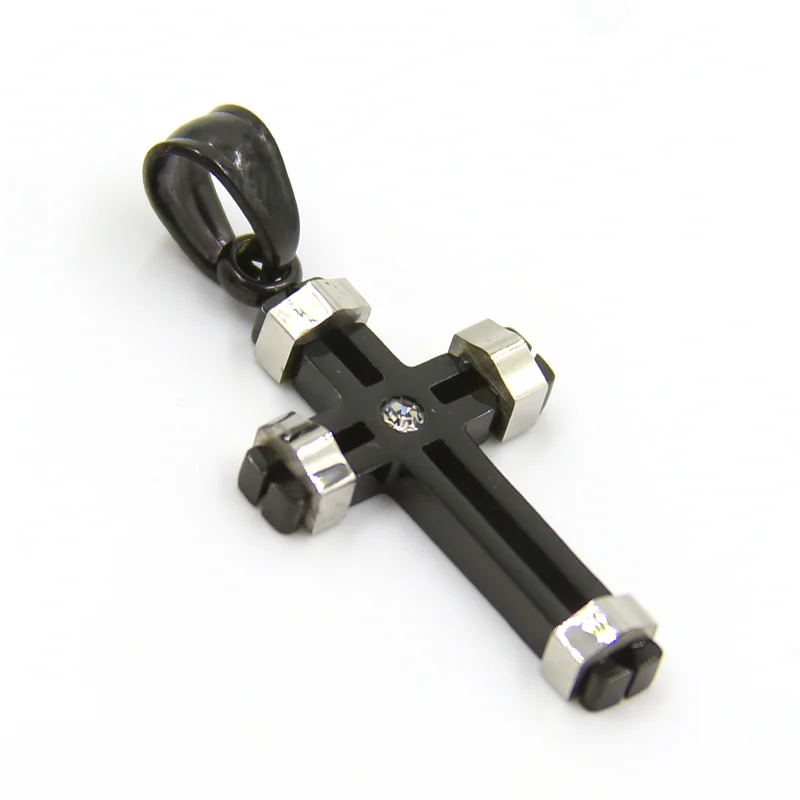 Dije Acero Negro Cruz Prensada con Zirconia