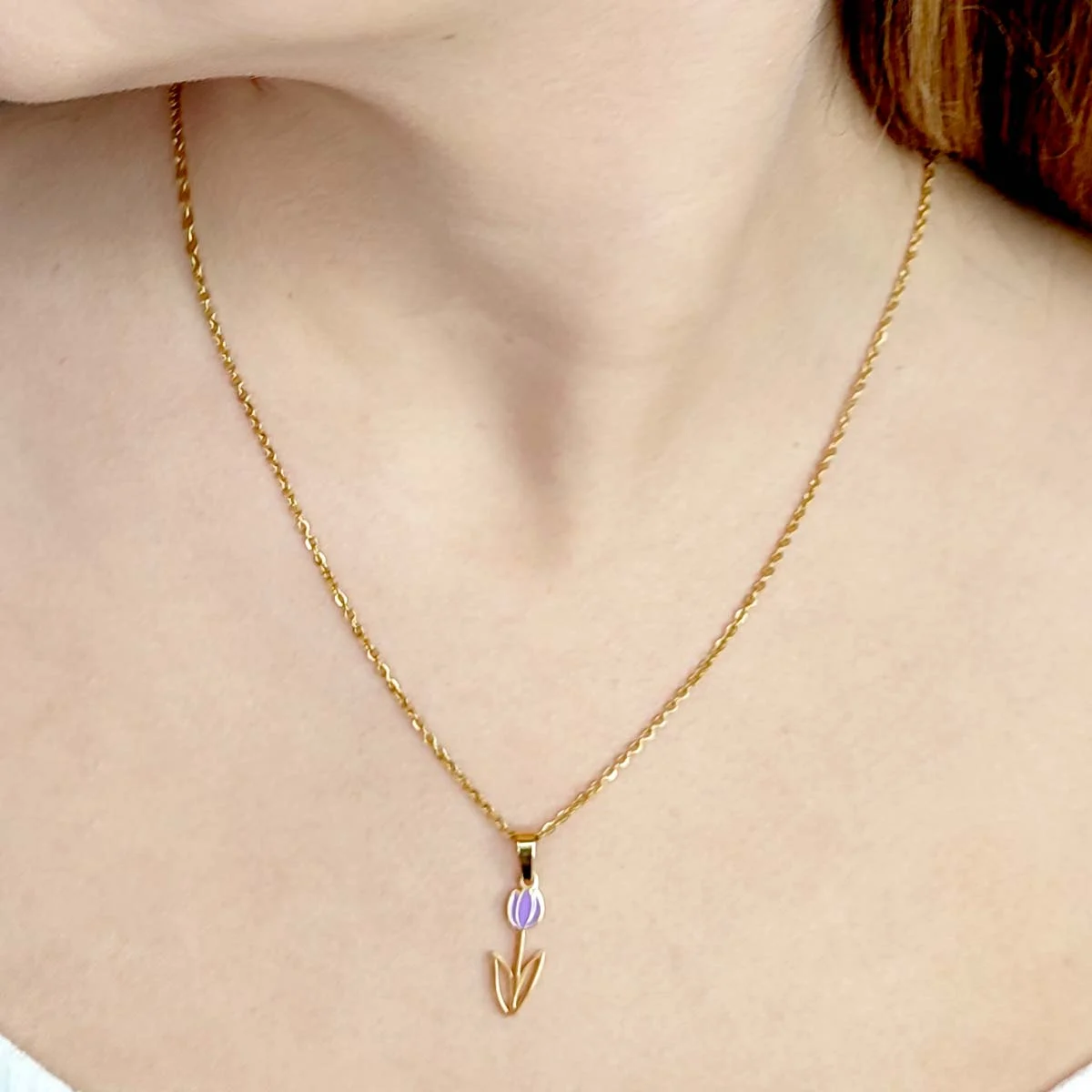 Set Joyeria Acero Inox Dorado Bella Flor Tulipan Morado