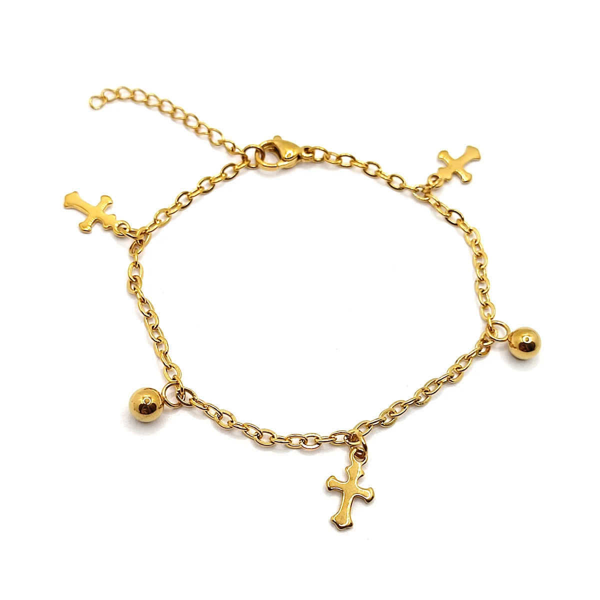 Pulsera Acero Dorado Colgantes Balines y Cruz Gotica