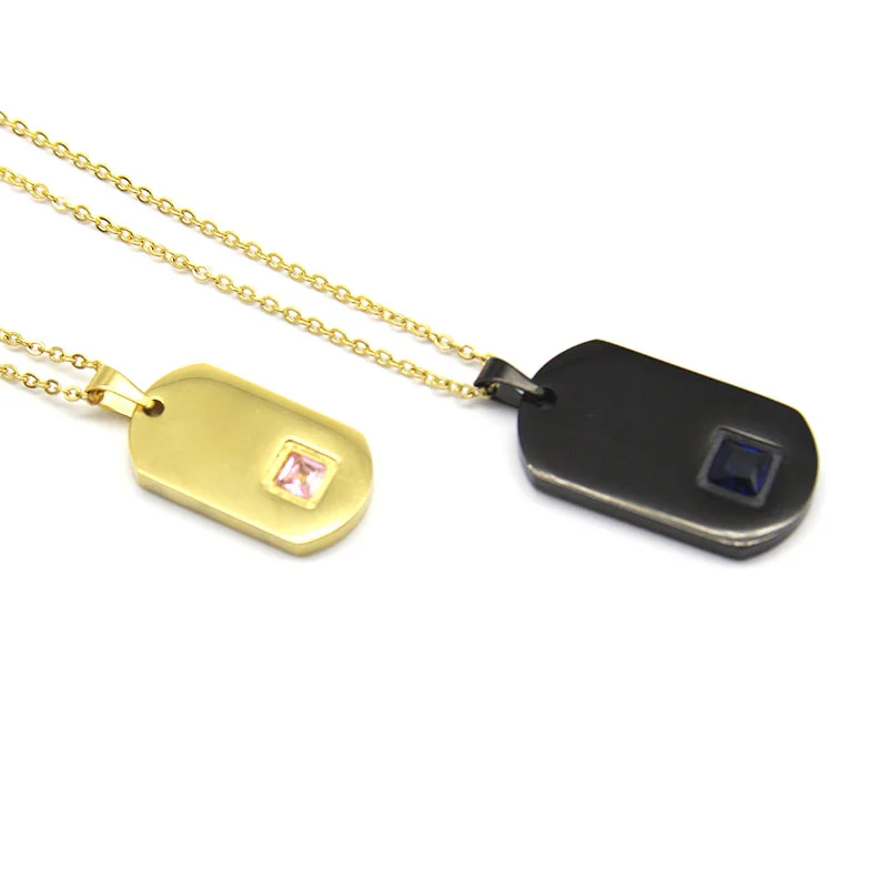 Collar Acero Dorado Placa Para El y Ella Zirconia Cúbica