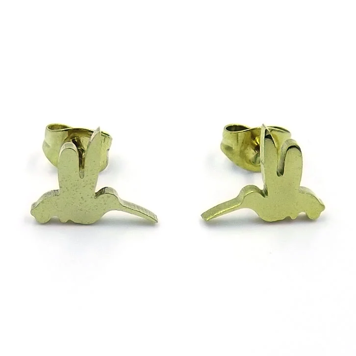 Aretes Tipo Broquel Acero Dorado Colibrí Volando