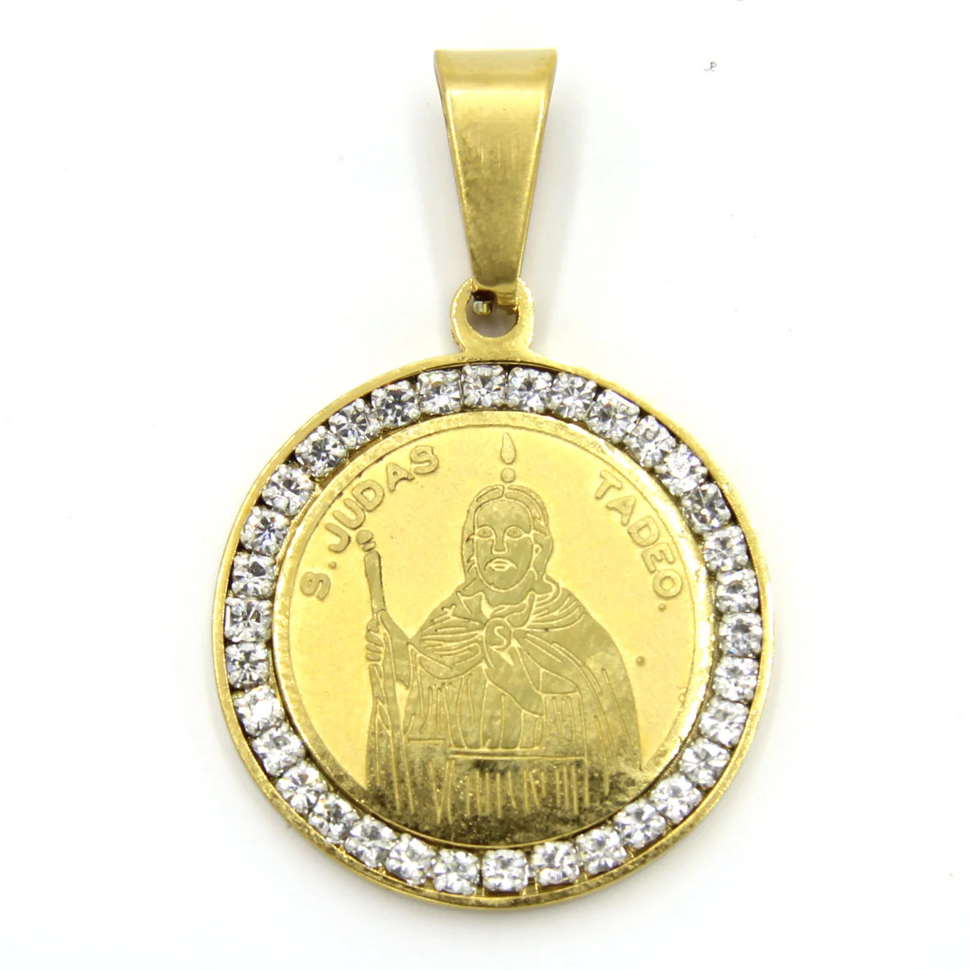 Dije Acero Dorado Medalla San Judas 22 Mm Zirconia