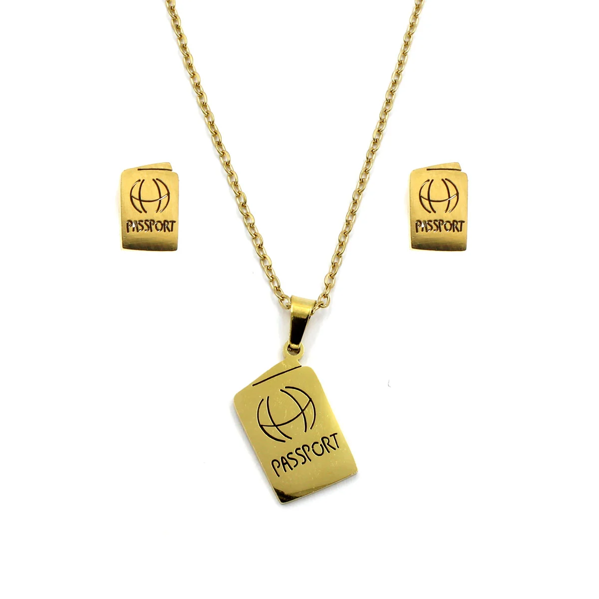 Set Joyeria Acero Dorado Pasaporte Grabado