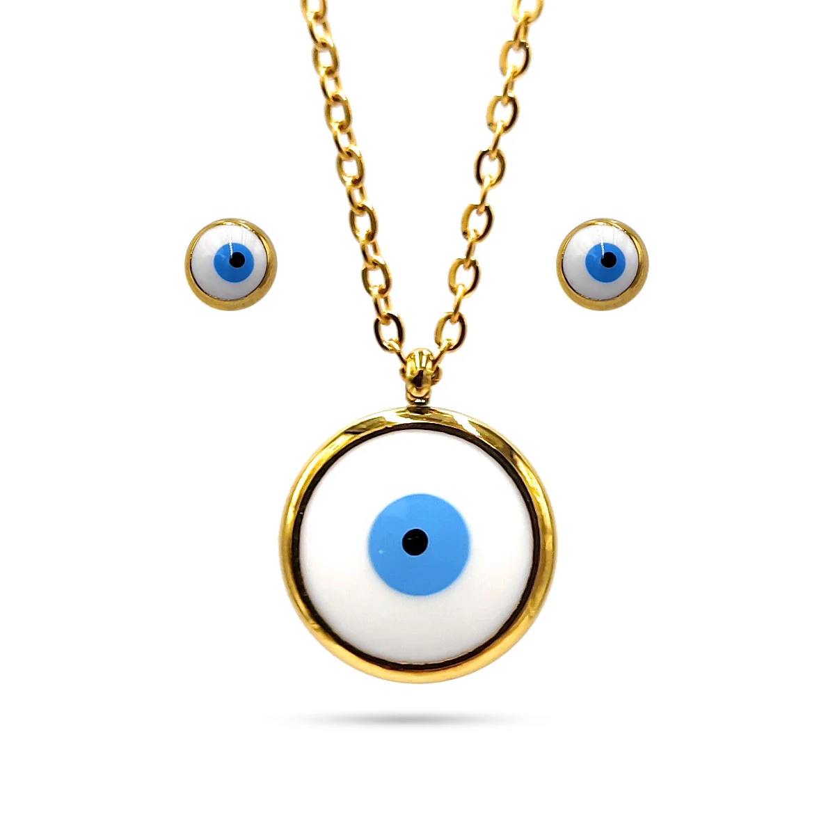 Set Joyeria Acero Inoxidable Dorado Ojo Turco Blanco