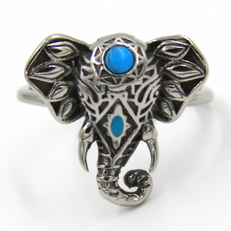 Anillo Acero Plateado Turquesa Elefante Místico