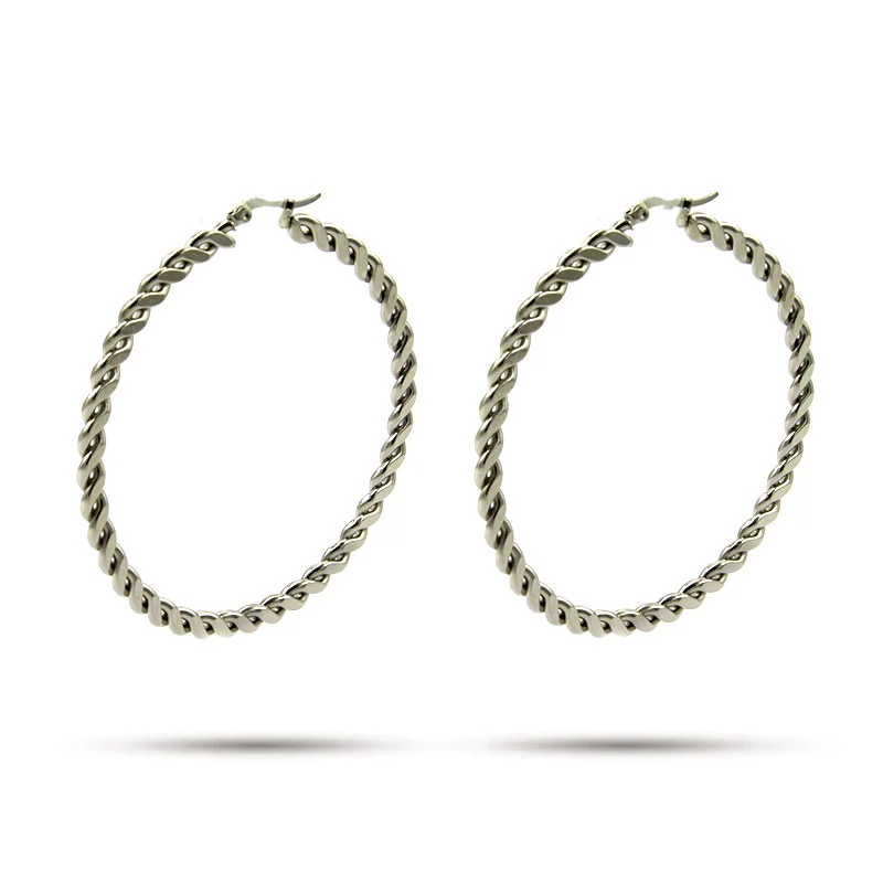 Aretes Acero Plateado Tipo Arracada Trenzada Plana 66mm