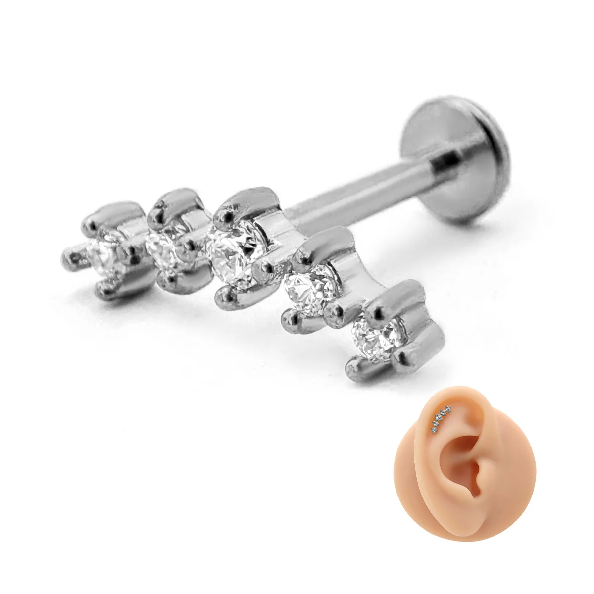 Piercing de Oreja Acero Curvo 5 Zirconias Trepador