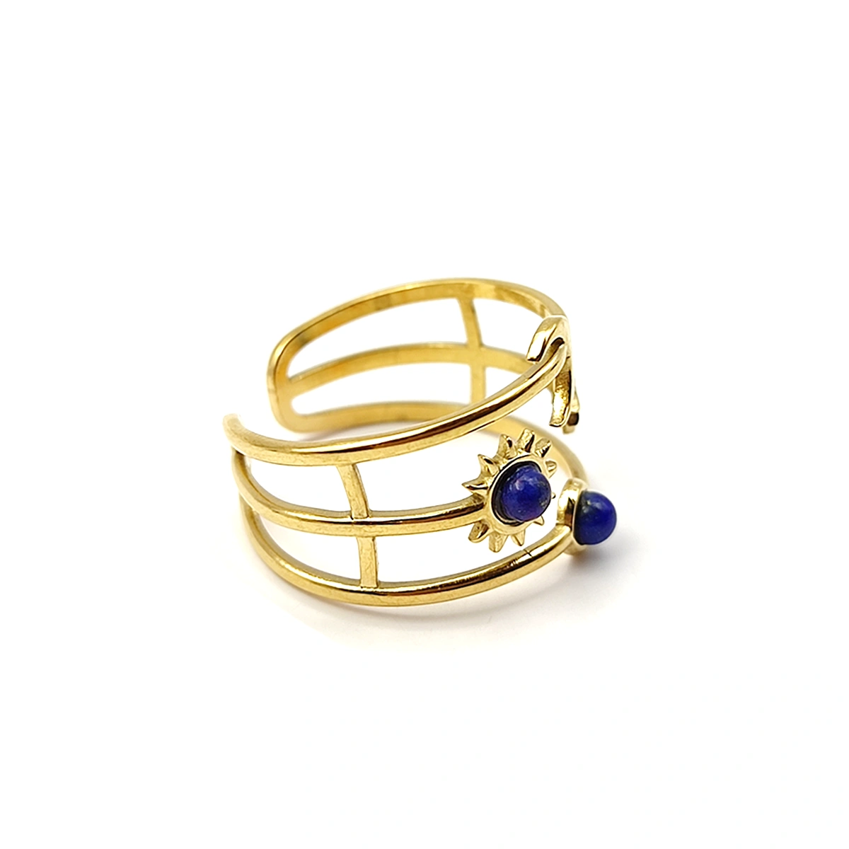 Anillo Acero Dorado Luna Sol Cielo Lapislazuli Ajustable