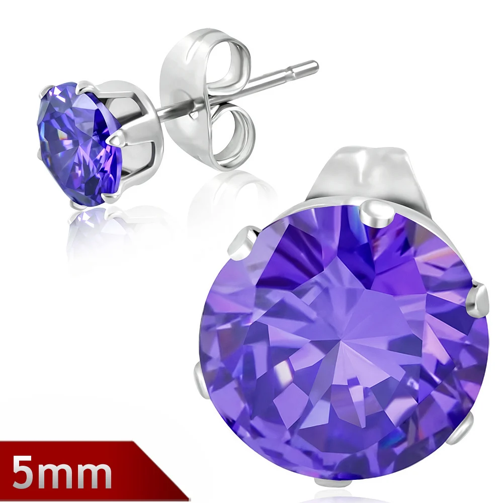Broqueles Plateados con Zirconia Purpura de 5mm Diamante