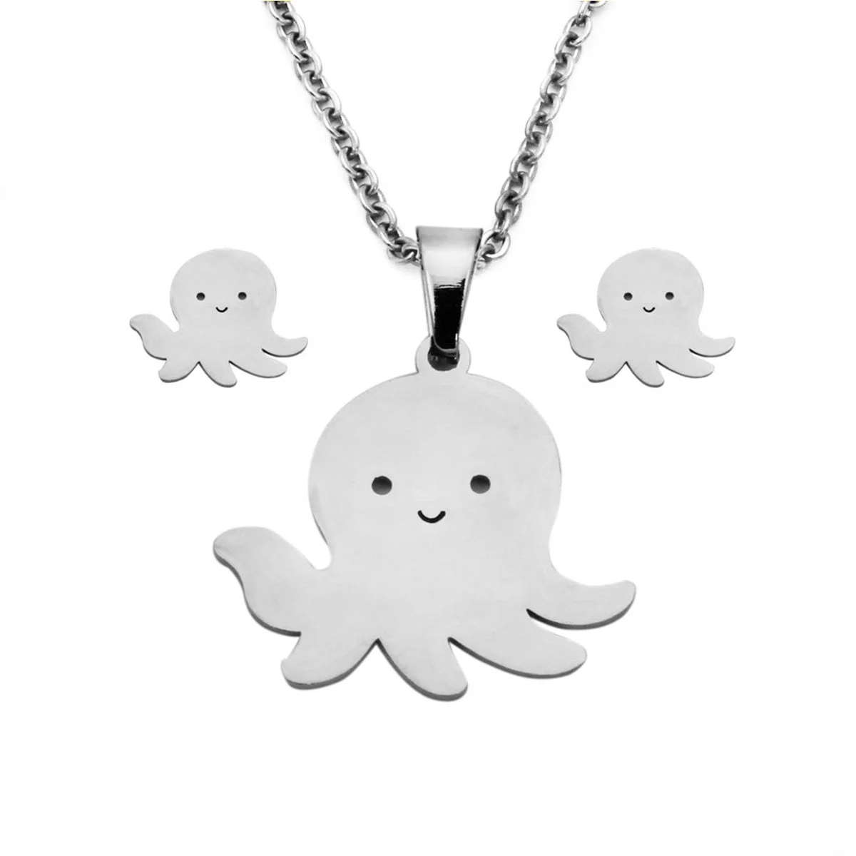 Set Joyeria Acero Plateado Pulpo Pulpito Feliz Sonrisa