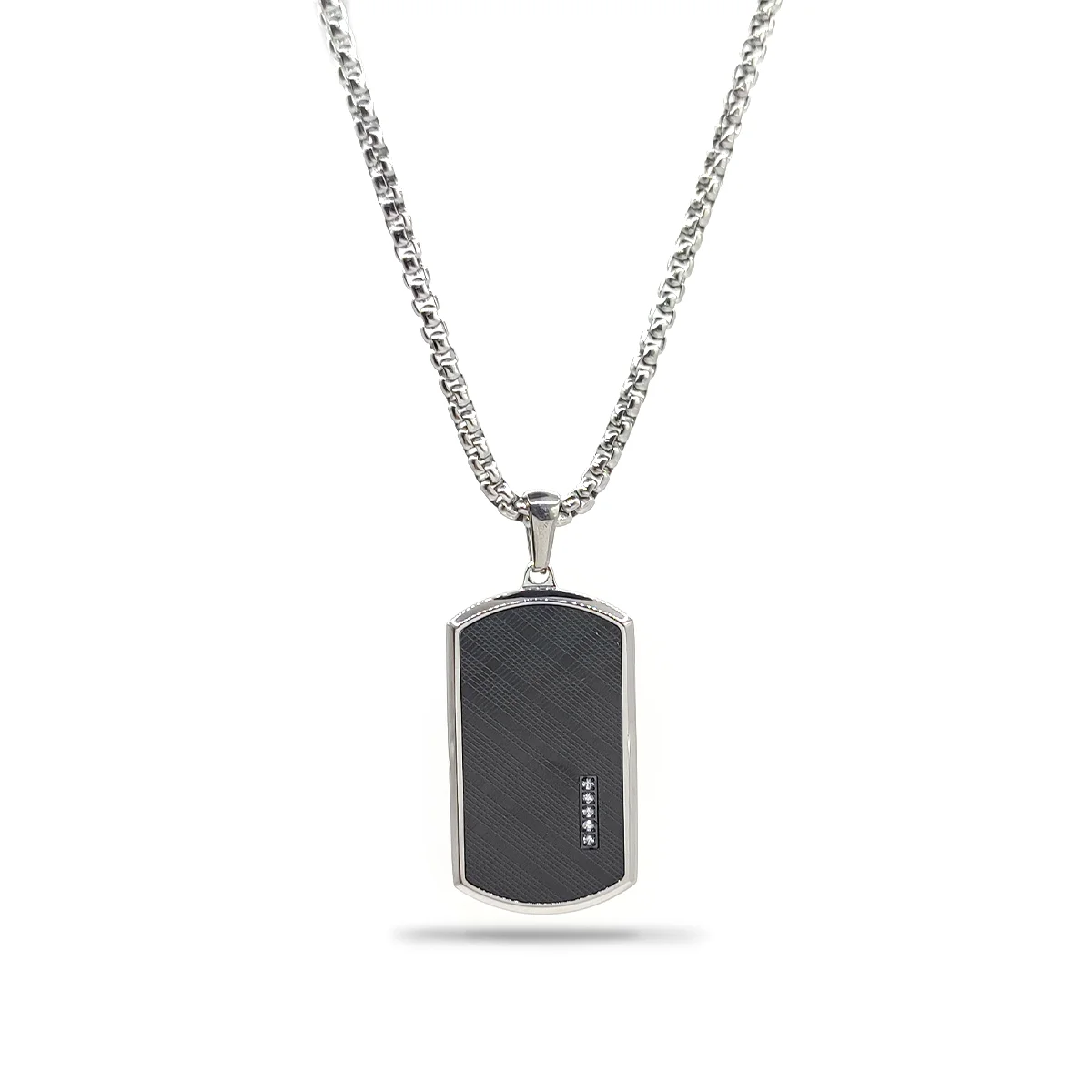 Collar Acero Plateado Placa Patrón Tartán Negro Cristales