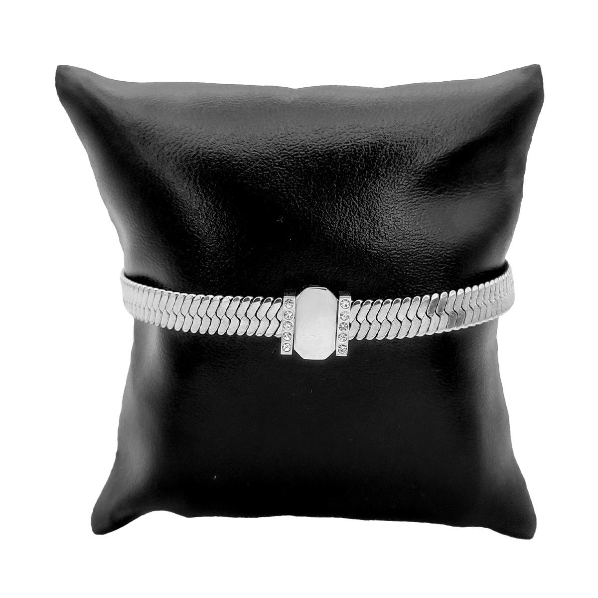 Pulsera Acero Plateado Planchada Cuenta Grabado Zirconia
