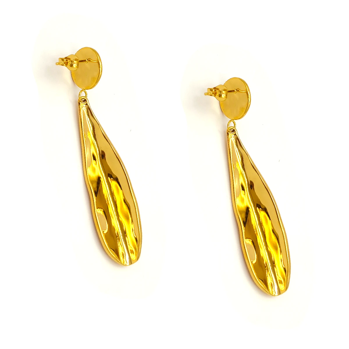 Aretes Acero Dorado Circulo Hoja Martillada Colgante