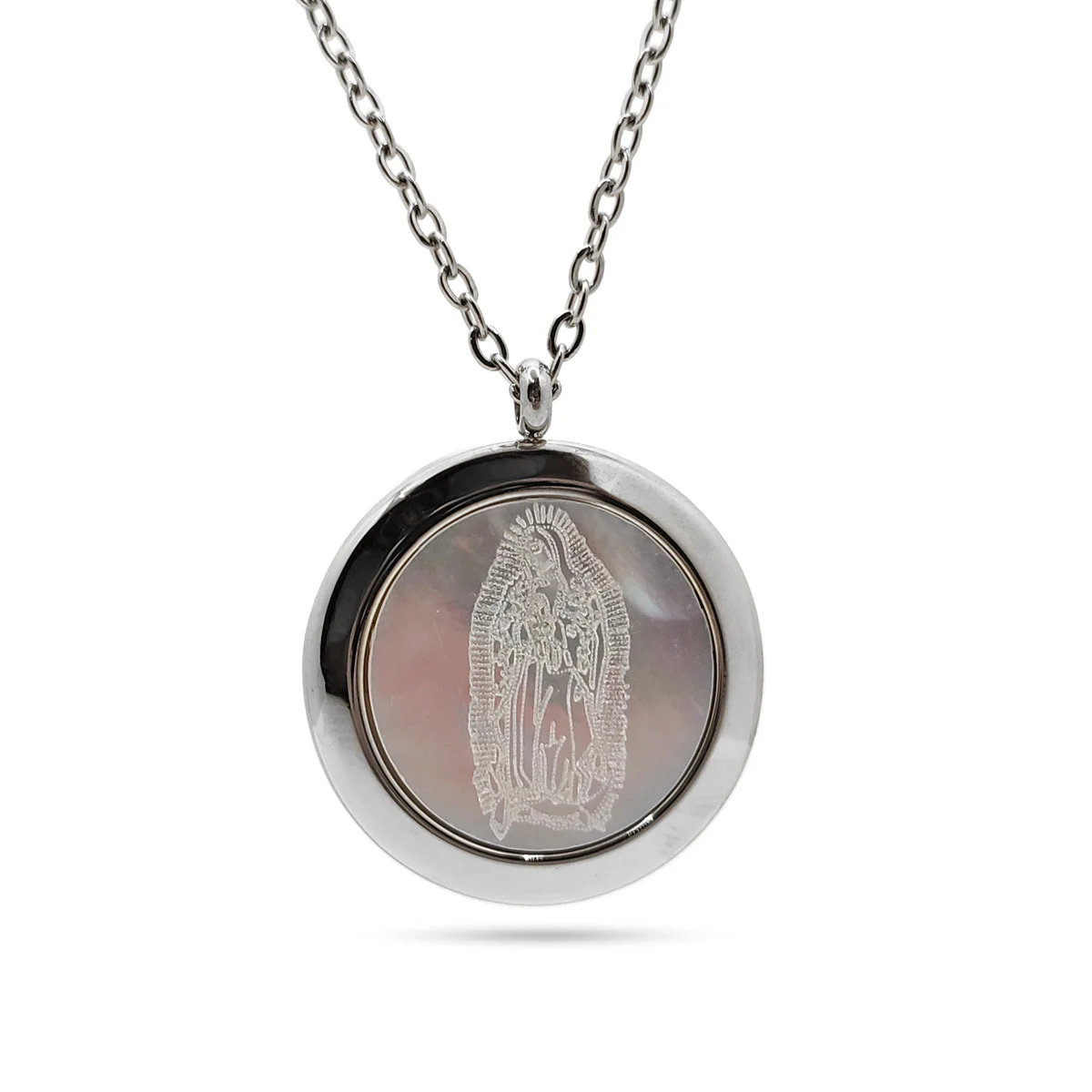 Collar Acero Inox Plateado Virgen Guadalupe Madre Perla