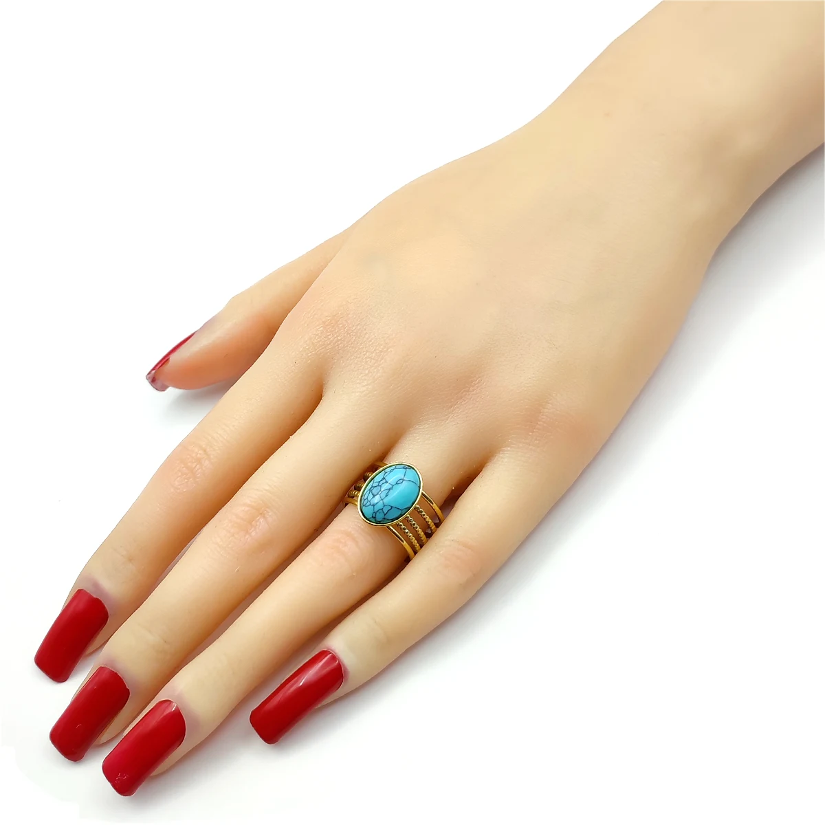 Anillo Acero Dorado Ajustable Lineas Ancho Turquesa Oval