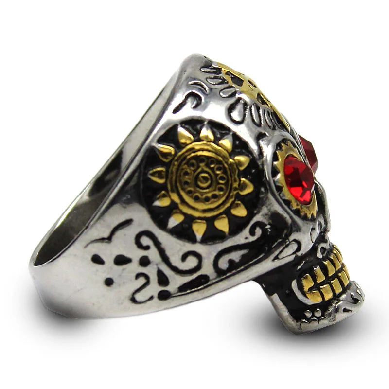 Anillo Acero Inox Calavera Plata Dorada Cruz Ojos Rojos