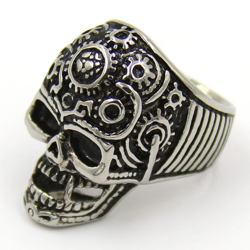 Anillo Hombre Acero Calavera Mecánica Colmillos