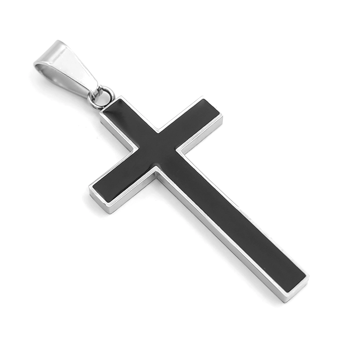 Dije Acero Inoxidable Plateado Cruz Esmalte Negro 35 mm