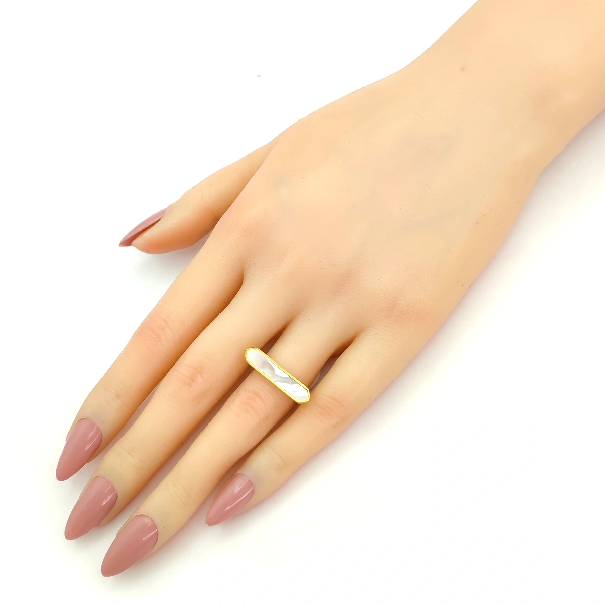 Anillo Acero Dorado Madre Perla Largo Horizontal