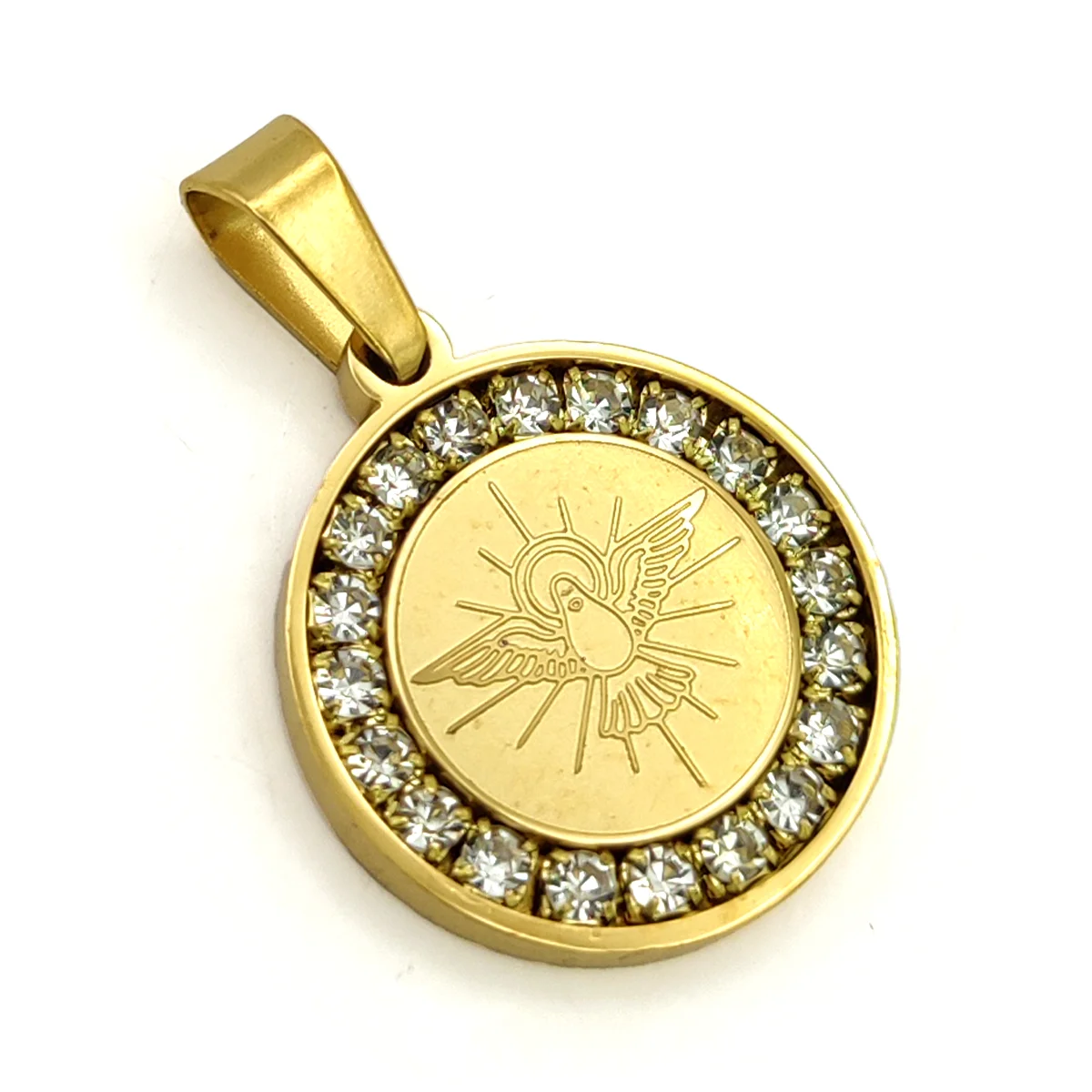 Dije Acero Dorado Espiritu Santo Paloma Medalla Cristales