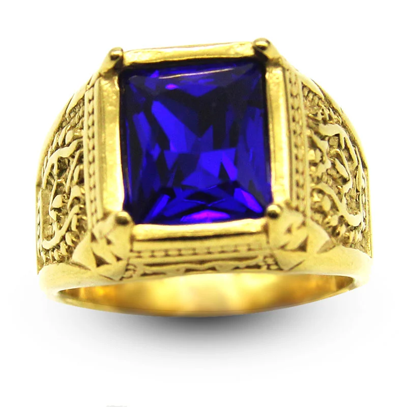 Anillo Hombre Acero Inoxidable Dorado Zirconia Azul